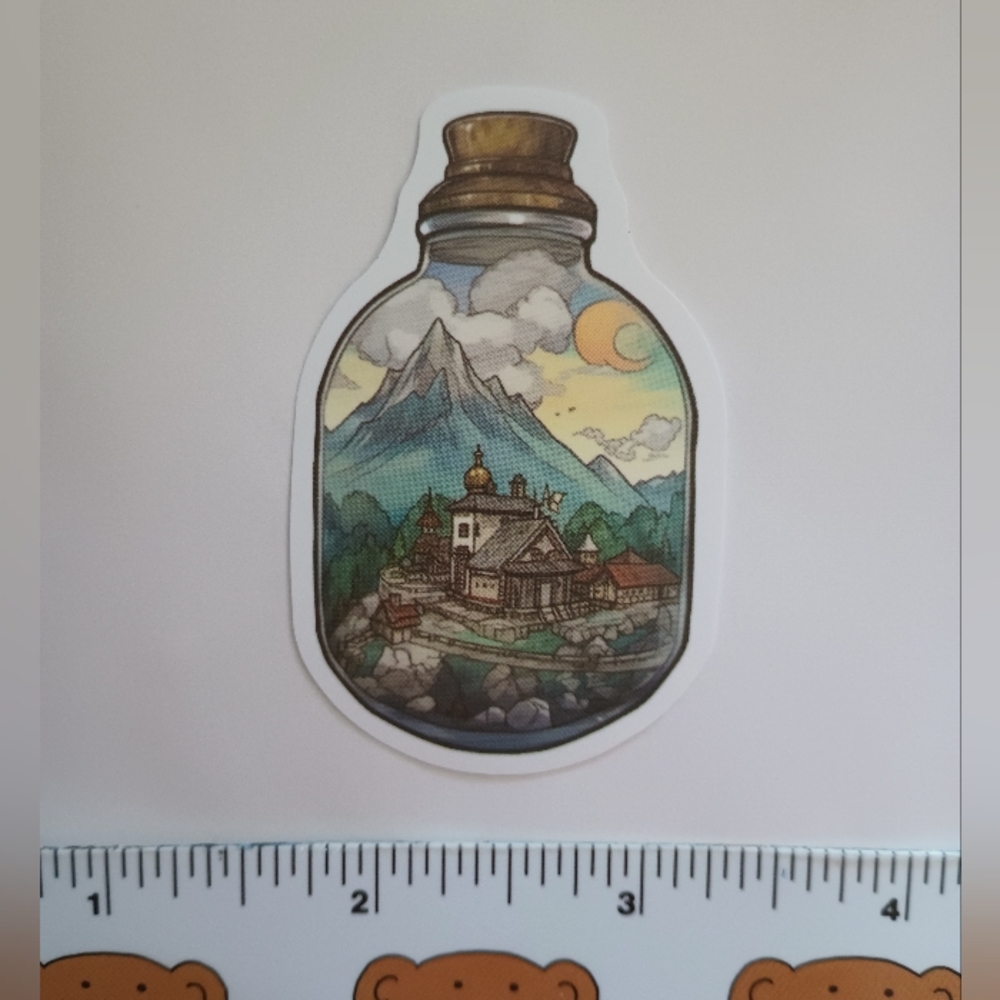 15/$15 Jar Nature Cottage Castle Mountain Sunrise Scene Landscape Decal Sticker